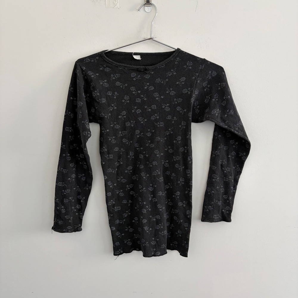 Vintage Floral Pointelle Long Sleeve Top Black Rose Print Bow Detail